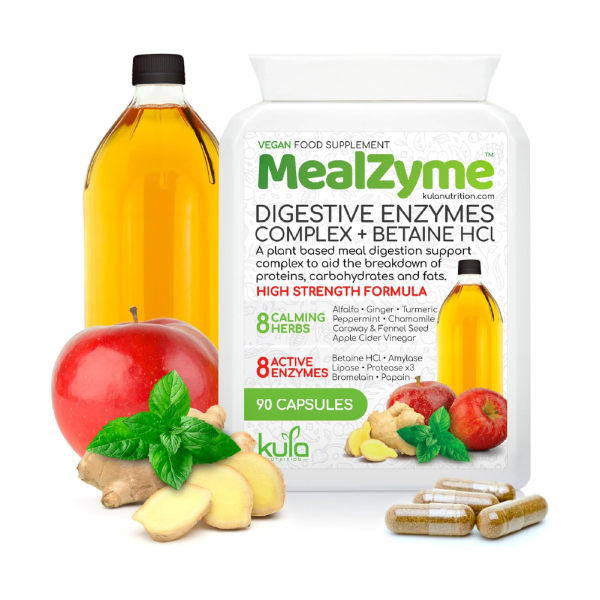 MealZyme - Digestive Enzyme Supplement - 8 Plant Based Complex with Bromelain, Betain HCL, Amylase, Protease, Lipase, Papain and Peppermint
